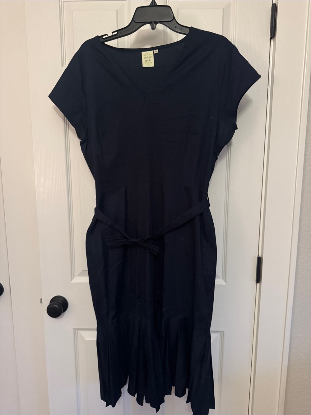 Shabby Apple Cap-Sleeve Bow Belted Midi Dress in Dark Navy With Ruffle Hem